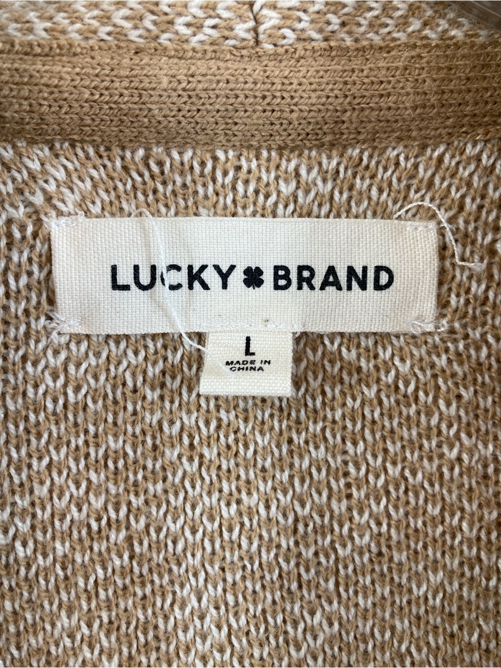 Lucky Brand Boho Fringe Cardigan Size L Tan Cream Open Knit Sweater - Picture 2 of 13
